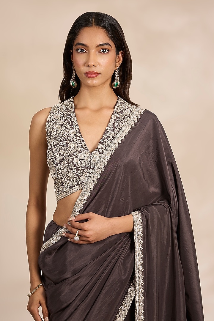 Brown Tissue Silk Zari Embroidered Wedding Saree Set by Matsya at Pernia's Pop Up Shop