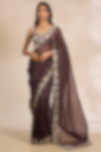 Brown Tissue Silk Zari Embroidered Reception Saree Set by Matsya at Pernia's Pop Up Shop