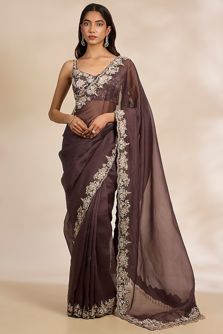 Brown Tissue Silk Zari Embroidered Reception Saree Set by Matsya at Pernia's Pop Up Shop
