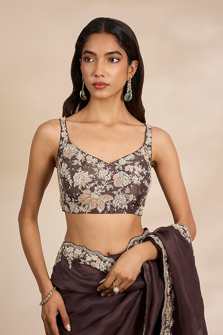 Brown Tissue Silk Zari Embroidered Reception Saree Set by Matsya at Pernia's Pop Up Shop