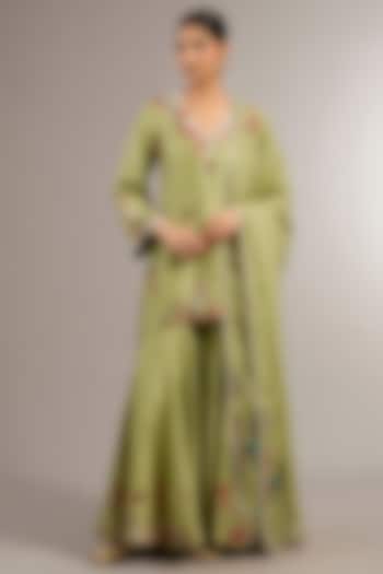 Pista Green Chanderi Hand Embroidered Wedding Sharara Set by Matsya at Pernia's Pop Up Shop