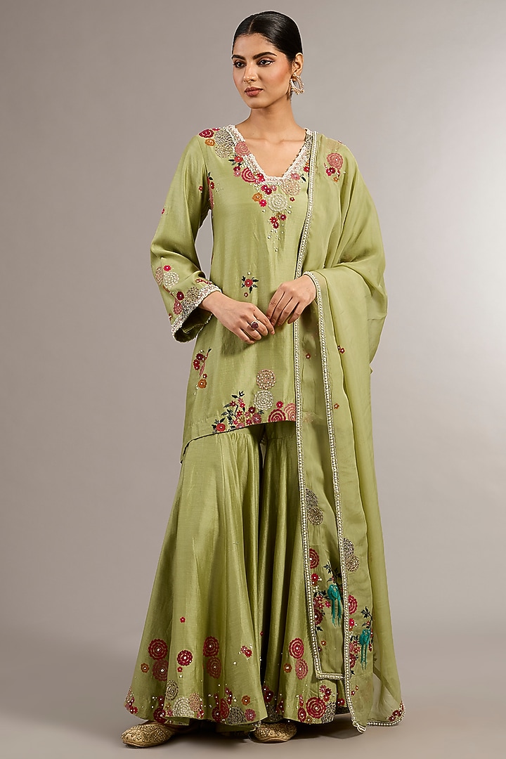 Pista Green Chanderi Hand Embroidered Wedding Sharara Set by Matsya at Pernia's Pop Up Shop