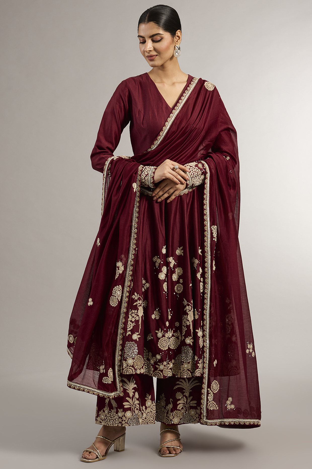 Scarlet Red Chanderi Resham Embroidered Wedding Anarkali Set by Matsya at Pernia's Pop Up Shop