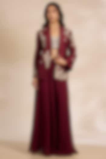 Red Raw Silk Chanderi Resham Embroidered Jacket Set by Matsya at Pernia's Pop Up Shop