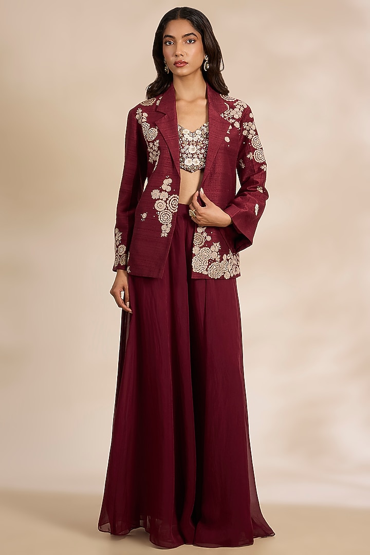 Red Raw Silk Chanderi Resham Embroidered Jacket Set by Matsya at Pernia's Pop Up Shop