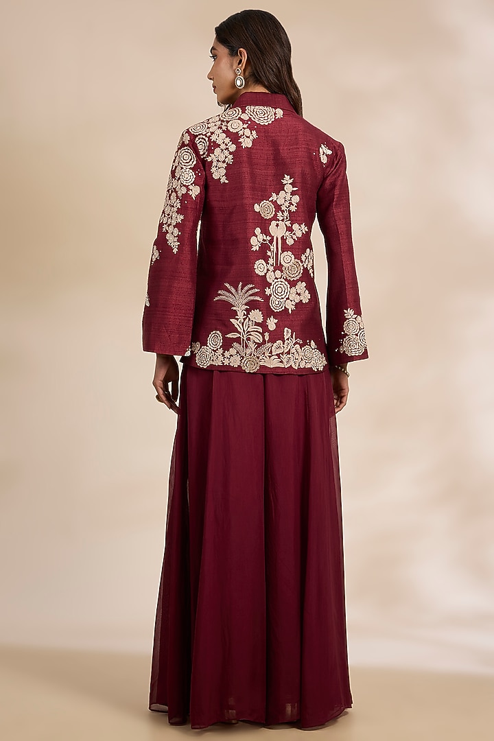Red Raw Silk Chanderi Resham Embroidered Jacket Set by Matsya at Pernia's Pop Up Shop
