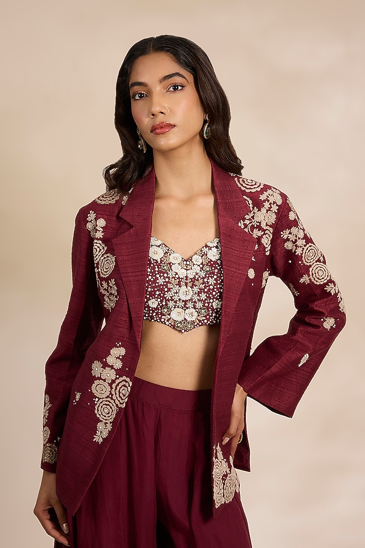 Red Raw Silk Chanderi Resham Embroidered Jacket Set by Matsya at Pernia's Pop Up Shop