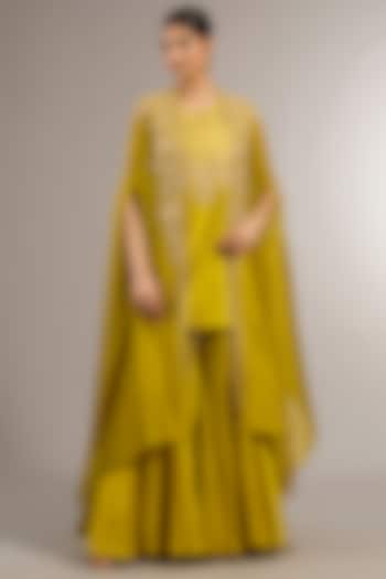 Mustard Chanderi Floral Applique Work Cape Set by Matsya at Pernia's Pop Up Shop