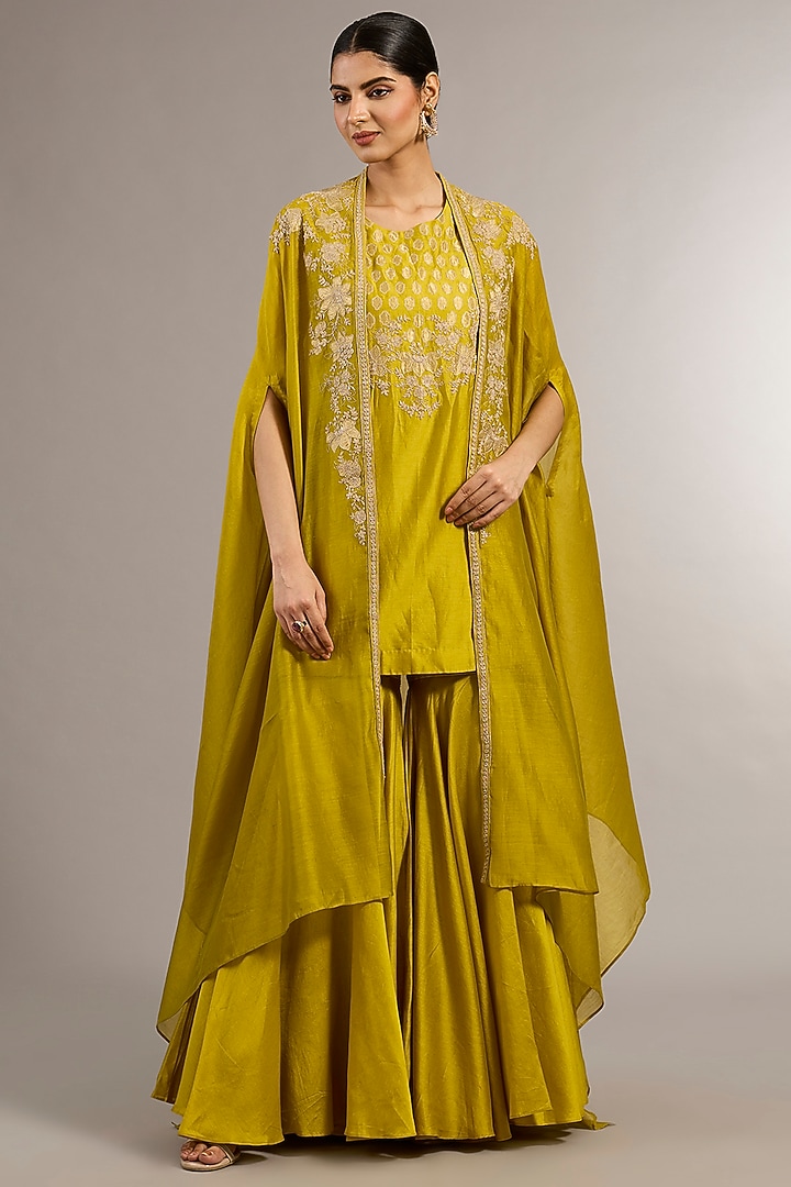 Mustard Chanderi Floral Applique Work Cape Set by Matsya at Pernia's Pop Up Shop