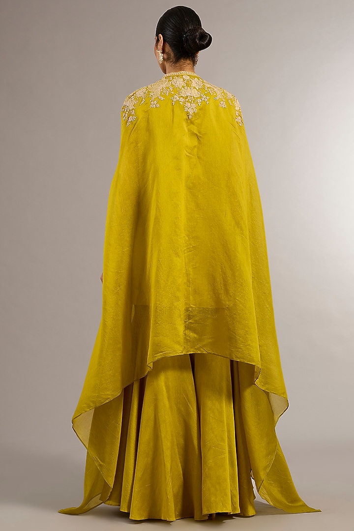 Mustard Chanderi Floral Applique Work Cape Set by Matsya at Pernia's Pop Up Shop