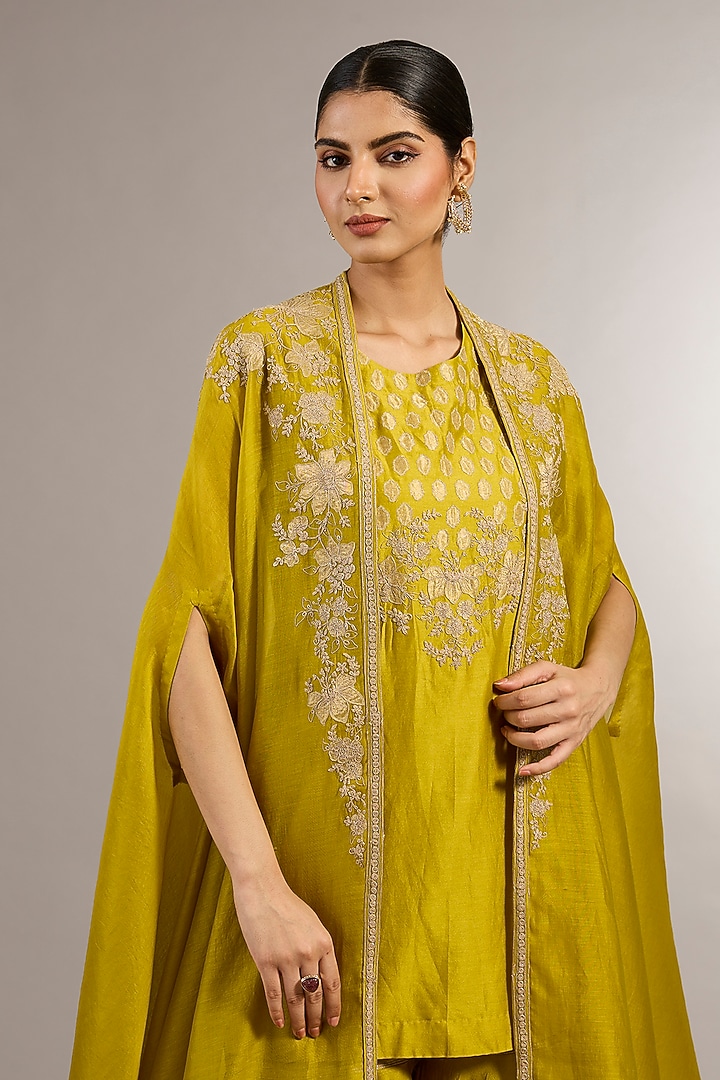 Mustard Chanderi Floral Applique Work Cape Set by Matsya at Pernia's Pop Up Shop