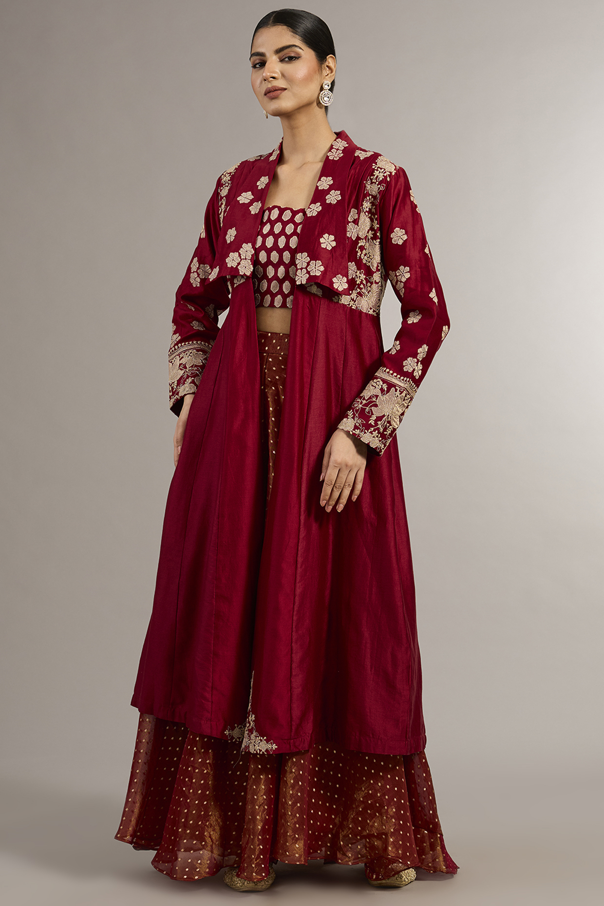 Red Bemberg Silk Zari Work Jacket Wedding Lehenga Set by Matsya at Pernia's Pop Up Shop