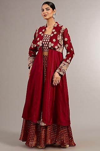 Red Bemberg Silk Zari Work Jacket Lehenga Set by Matsya