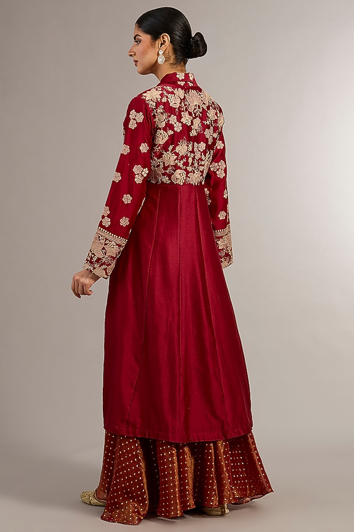 Red Bemberg Silk Zari Work Jacket Wedding Lehenga Set by Matsya at Pernia's Pop Up Shop