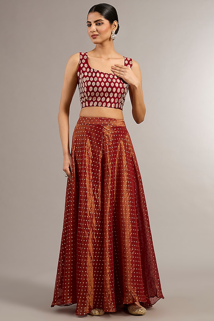 Red Bemberg Silk Zari Work Jacket Wedding Lehenga Set by Matsya at Pernia's Pop Up Shop