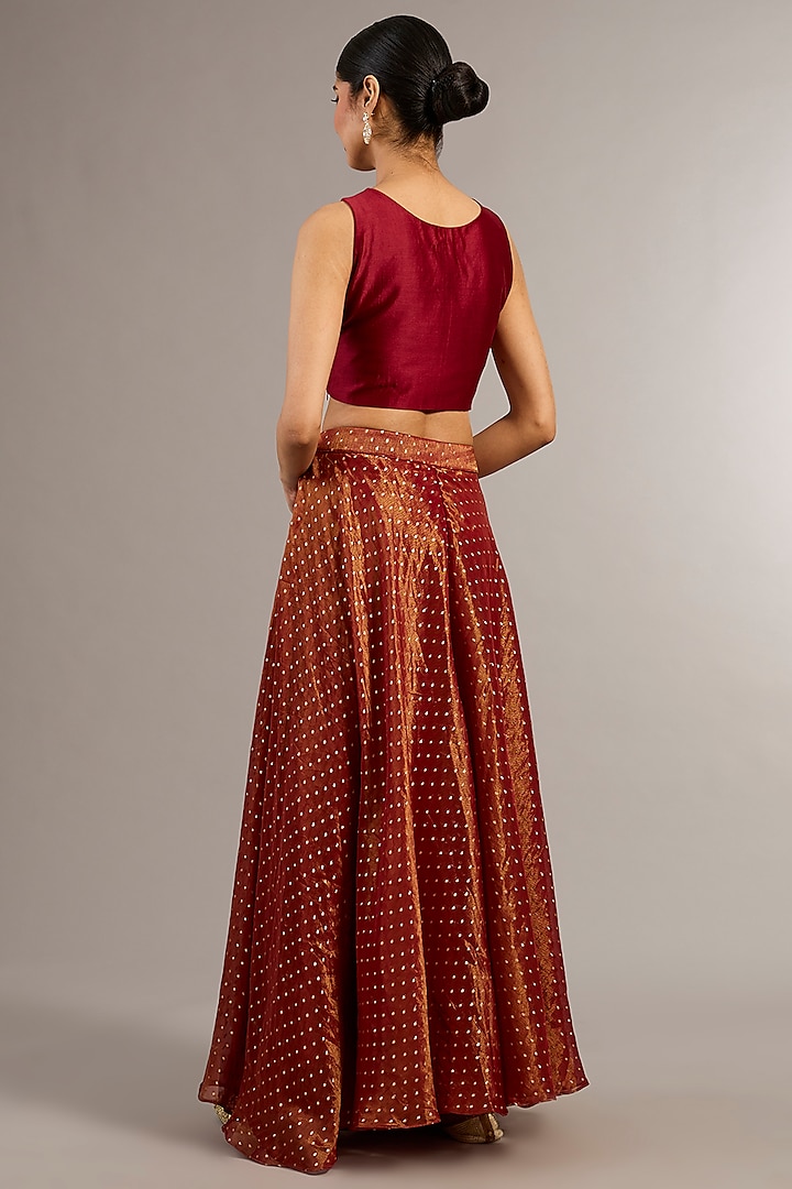 Red Bemberg Silk Zari Work Jacket Wedding Lehenga Set by Matsya at Pernia's Pop Up Shop
