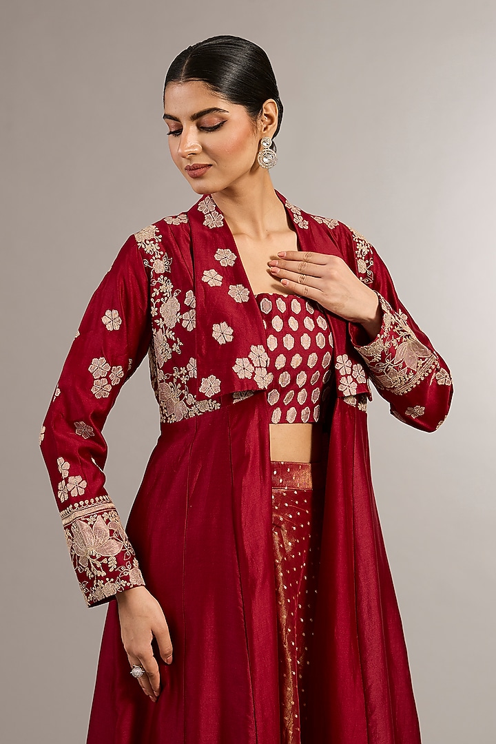 Red Bemberg Silk Zari Work Jacket Wedding Lehenga Set by Matsya at Pernia's Pop Up Shop