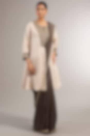 Charcoal Silk Zardosi Embroidered Wedding Saree Set by Matsya at Pernia's Pop Up Shop