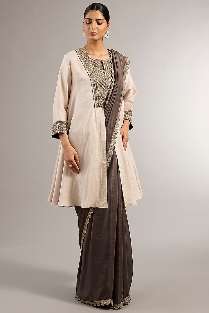 Charcoal Silk Zardosi Embroidered Wedding Saree Set by Matsya at Pernia's Pop Up Shop