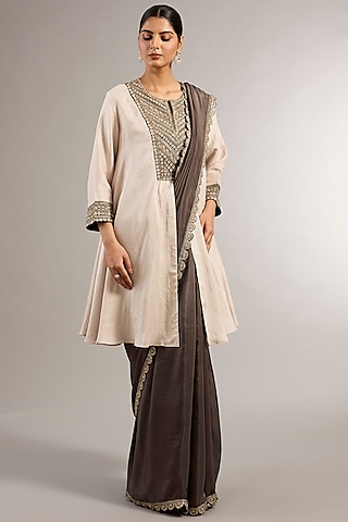 Charcoal Silk Zardosi Embroidered Saree Set by Matsya