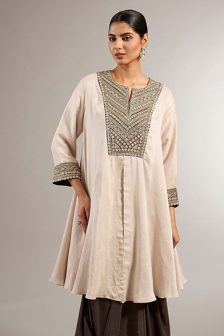 Charcoal Silk Zardosi Embroidered Wedding Saree Set by Matsya at Pernia's Pop Up Shop