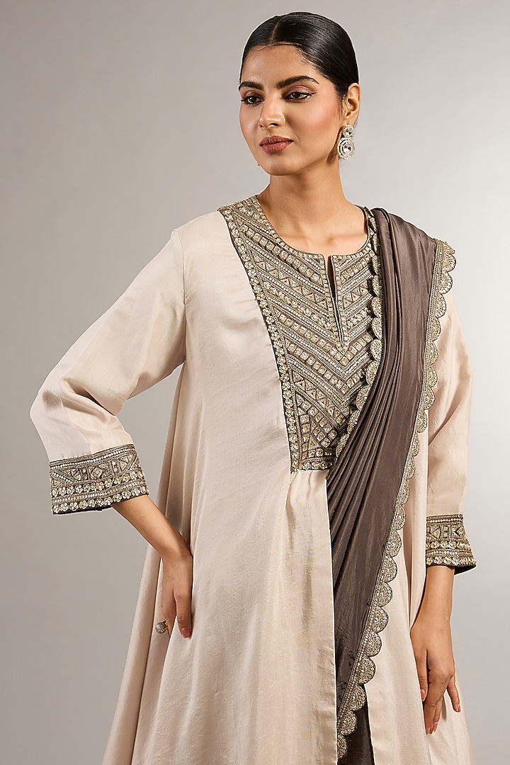 Charcoal Silk Zardosi Embroidered Wedding Saree Set by Matsya at Pernia's Pop Up Shop