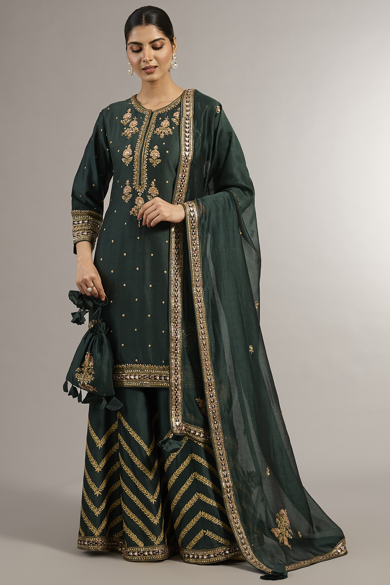 Bottle Green Chanderi Silk Mirror Embroidered Wedding Sharara Set by Matsya at Pernia's Pop Up Shop