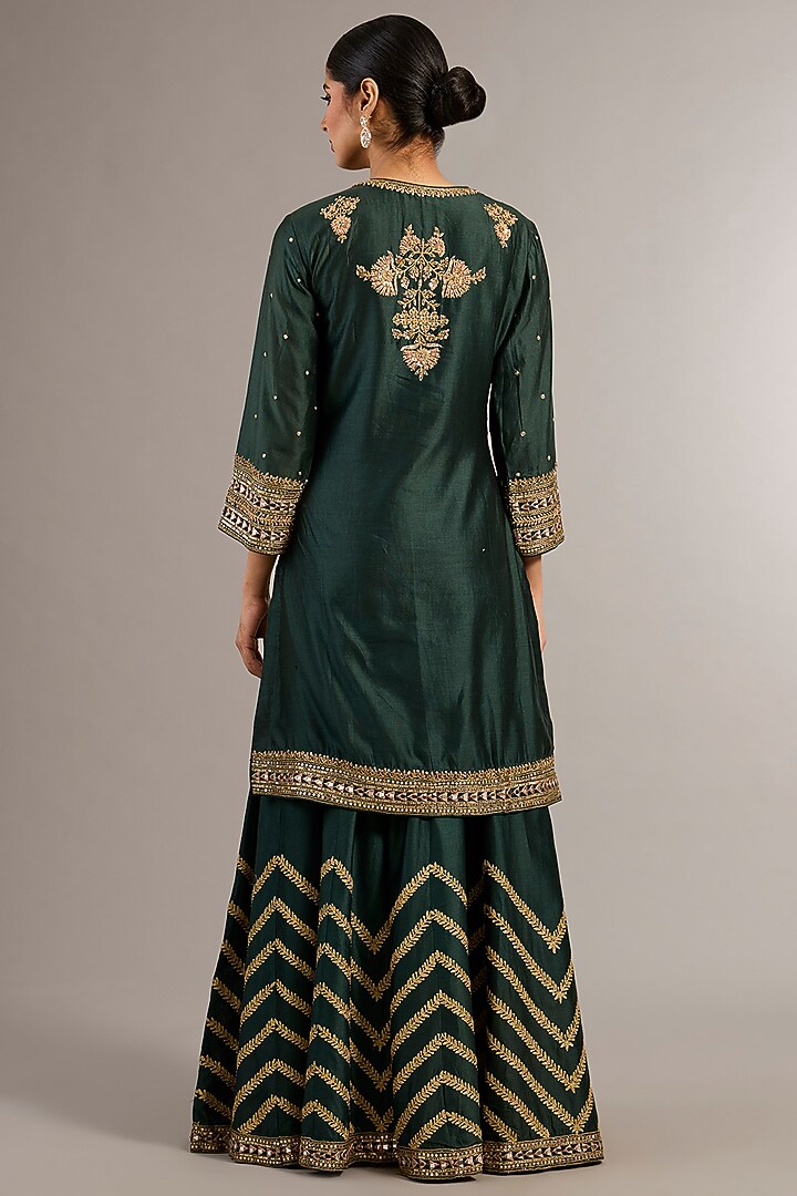Bottle Green Chanderi Silk Mirror Embroidered Wedding Sharara Set by Matsya at Pernia's Pop Up Shop