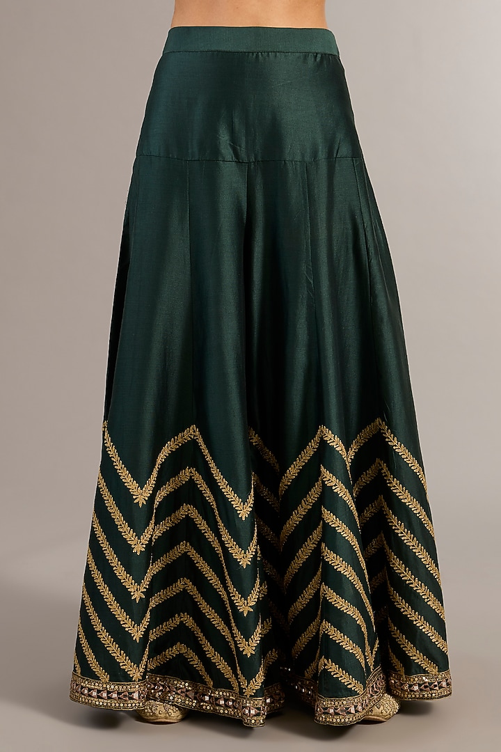 Bottle Green Chanderi Silk Mirror Embroidered Wedding Sharara Set by Matsya at Pernia's Pop Up Shop