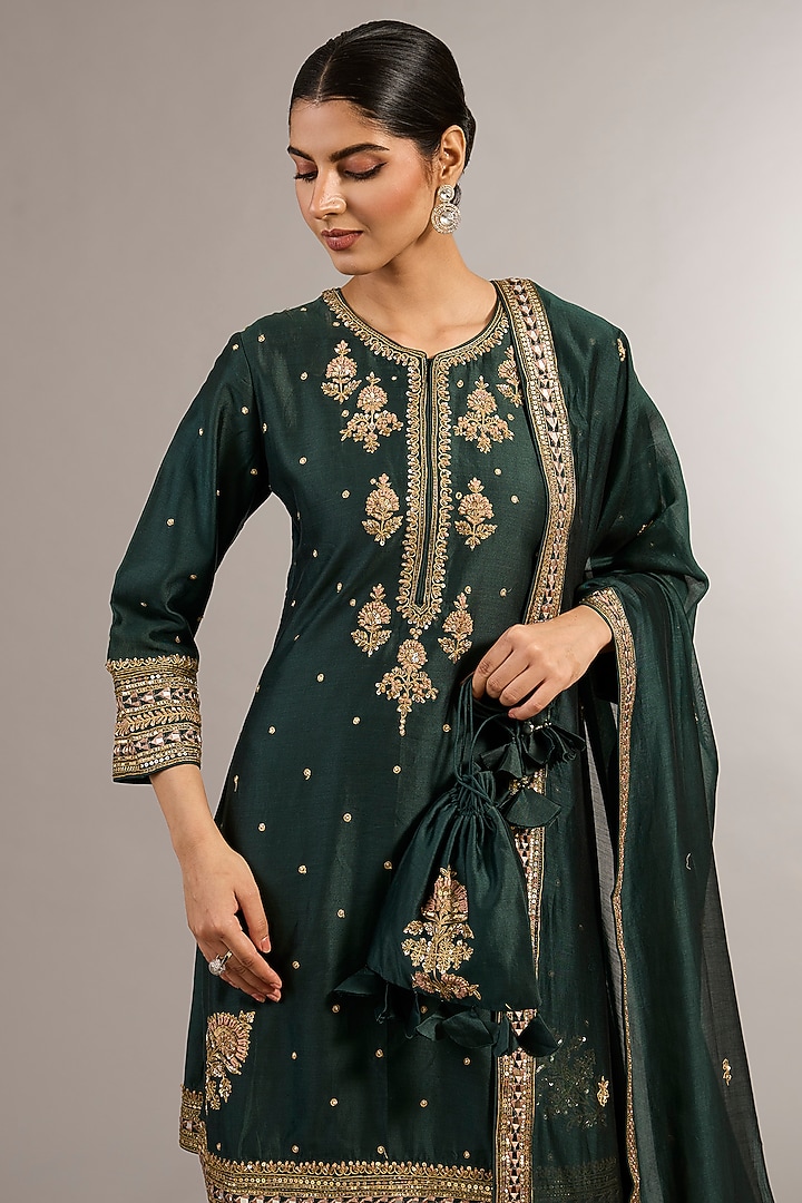 Bottle Green Chanderi Silk Mirror Embroidered Wedding Sharara Set by Matsya at Pernia's Pop Up Shop