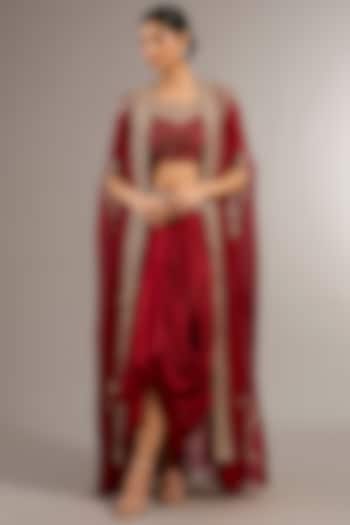 Red Soft Georgette Organza Aari Embroidered Cape Set by Matsya at Pernia's Pop Up Shop