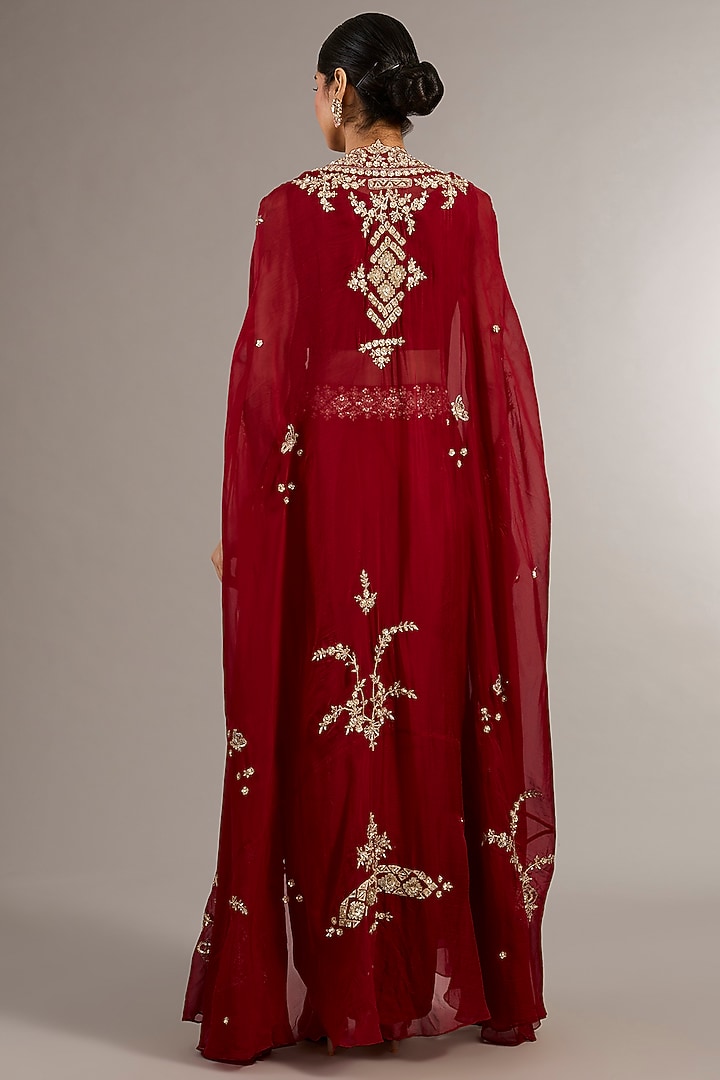 Red Soft Georgette Organza Aari Embroidered Cape Set by Matsya at Pernia's Pop Up Shop