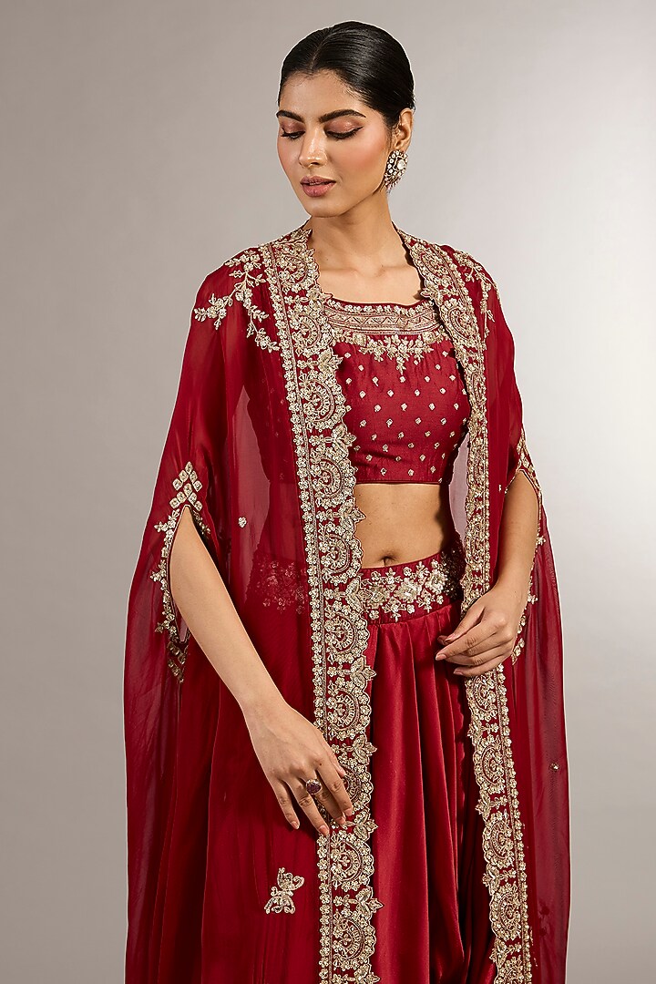 Red Soft Georgette Organza Aari Embroidered Cape Set by Matsya at Pernia's Pop Up Shop