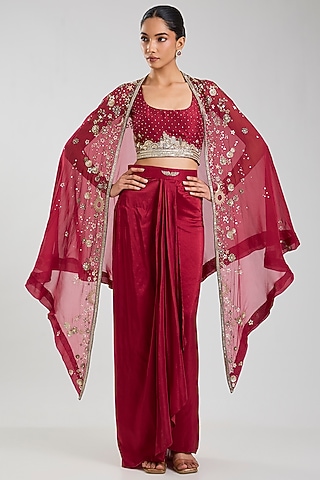 Red Silk & Chanderi Cape Set by Matsya