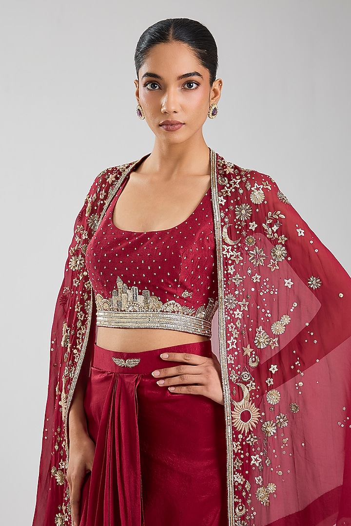 Red Silk & Chanderi Cape Set by Matsya at Pernia's Pop Up Shop