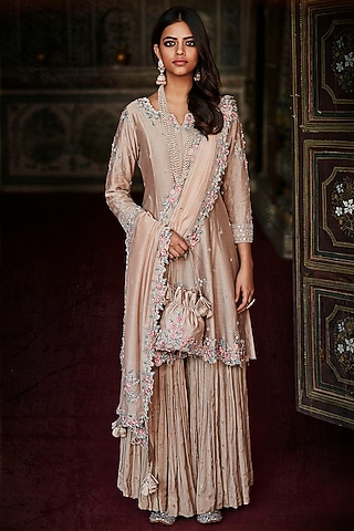 Peach Hand Embroidered Sharara Set With Potli Bag by Matsya