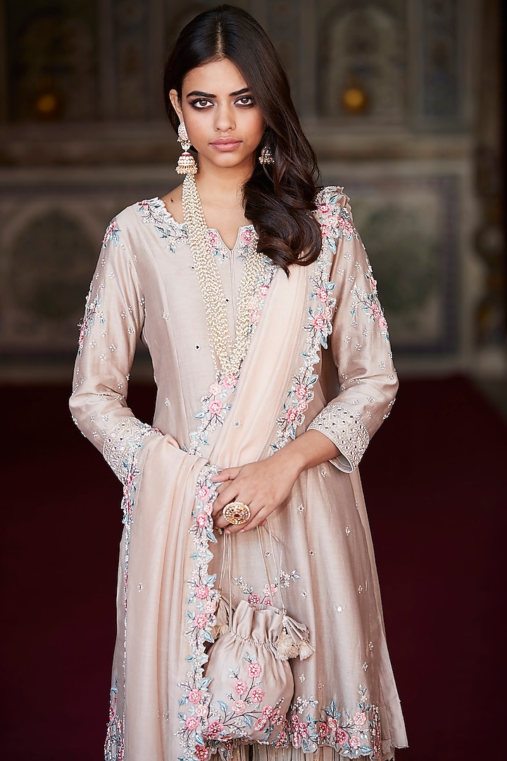 Peach Hand Embroidered Wedding Sharara Set With Potli Bag by Matsya at Pernia's Pop Up Shop