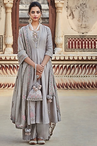 Grey Embroidered Sharara Set by Matsya
