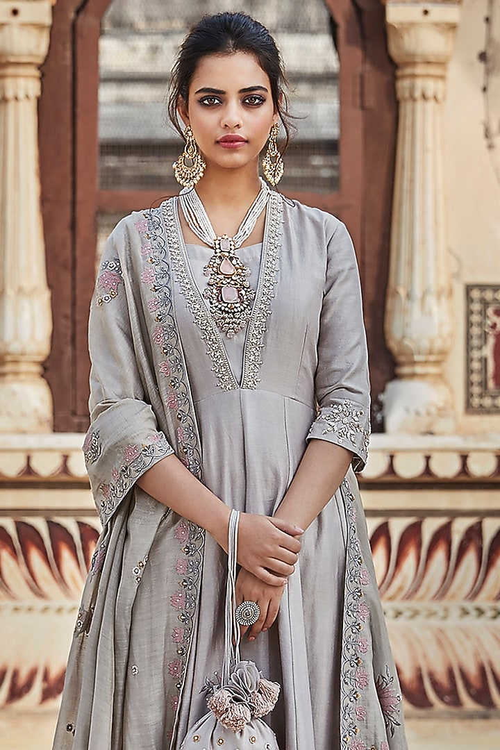 Grey Embroidered Party Wear Sharara Set by Matsya at Pernia's Pop Up Shop