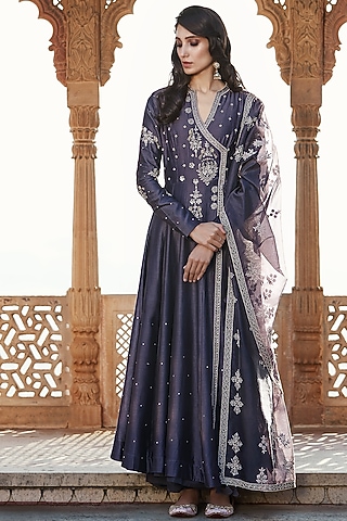 Charcoal Grey Hand Embroidered Anarkali Set by Matsya