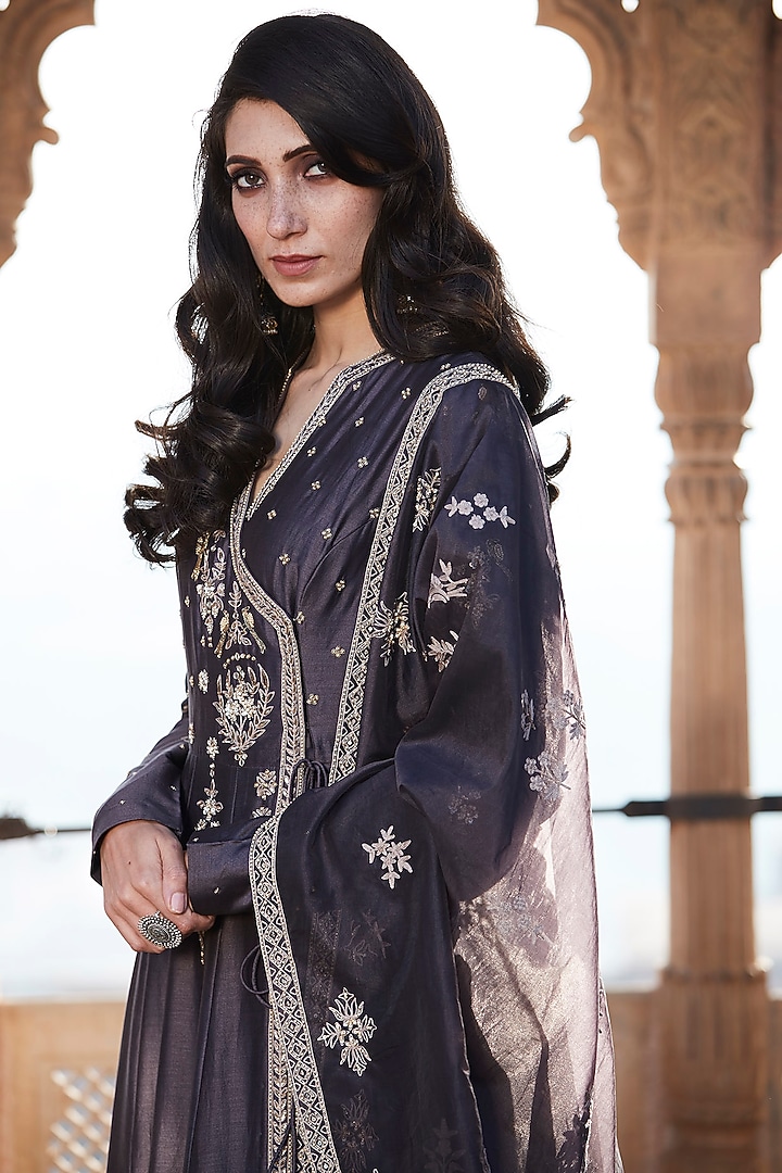 Charcoal Grey Hand Embroidered Wedding Anarkali Set by Matsya at Pernia's Pop Up Shop