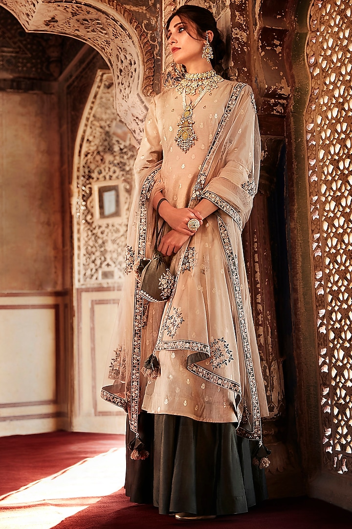 Beige & Green Embroidered Gharara Set by Matsya