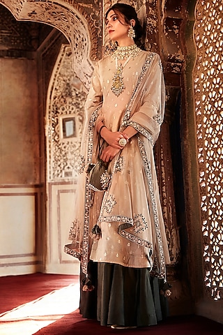 Beige & Green Embroidered Gharara Set by Matsya