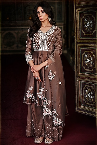 Brown Embroidered Gharara Set by Matsya
