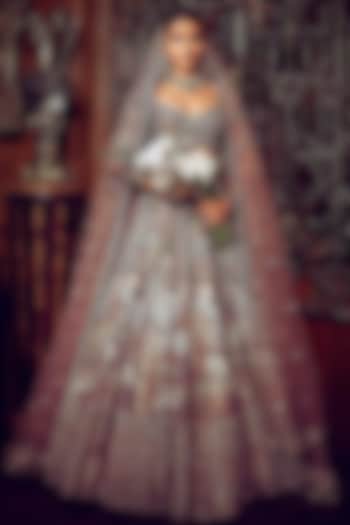 Onion Pink Tissue Machine Embroidered Bridal Lehenga Set by Matsya at Pernia's Pop Up Shop