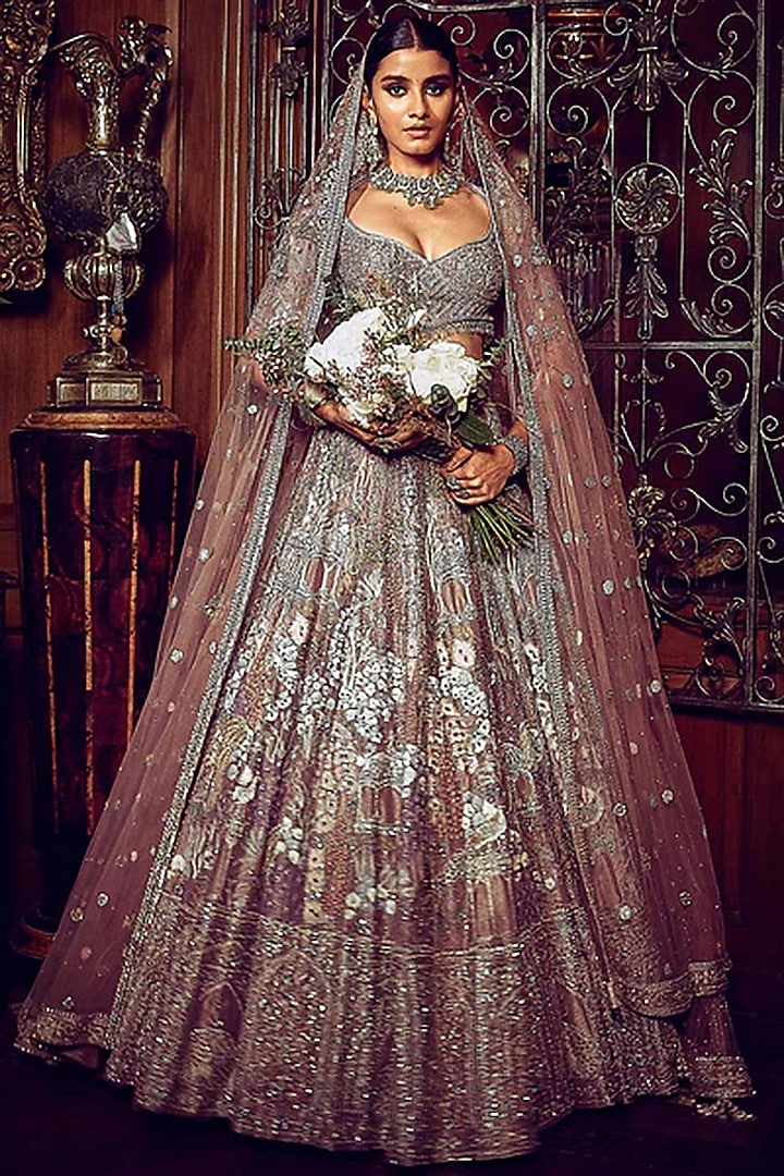 Onion Pink Tissue Machine Embroidered Bridal Lehenga Set by Matsya at Pernia's Pop Up Shop