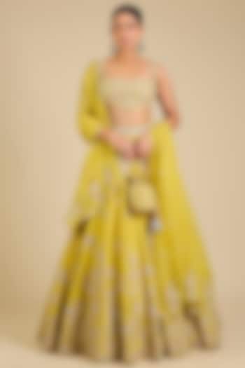 Yellow Chanderi Embroidered Bridal Lehenga Set by Matsya at Pernia's Pop Up Shop