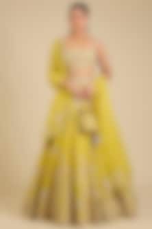 Yellow Chanderi Embroidered Lehenga Set by Matsya