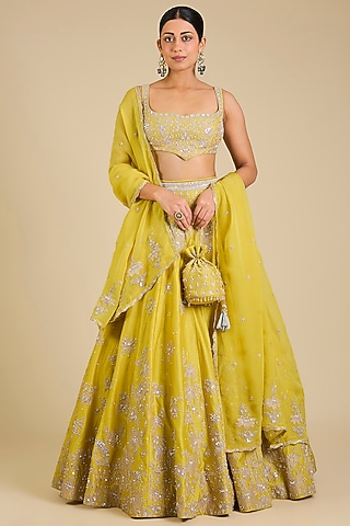 Yellow Chanderi Embroidered Lehenga Set by Matsya
