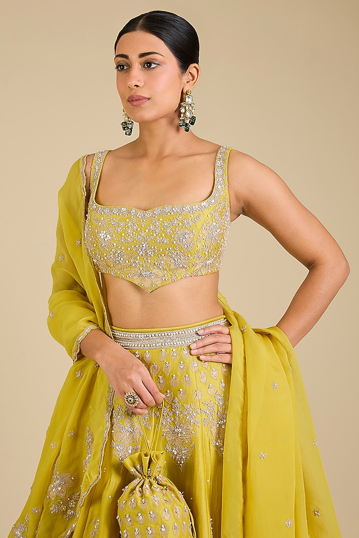 Yellow Chanderi Embroidered Bridal Lehenga Set by Matsya at Pernia's Pop Up Shop